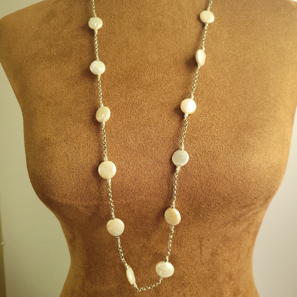 Lucky Brand Coin Pearl Long Strand Necklace Silver Tone 36 Inch Cottagecore